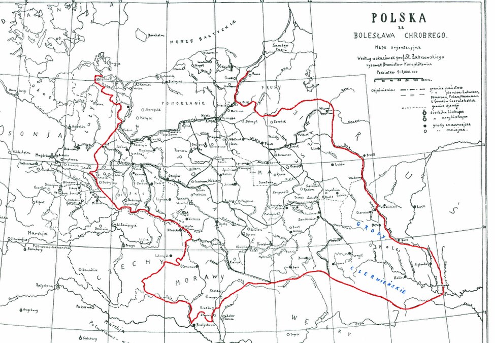 Karte von Polen von 1018-1031 für Bolesław den Tapferen und Mieszko II. nach Prof. Stanisław Zakrzewski ("Bolesław der Tapfere/ der Große", 1925).