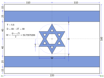 שרטוט של דגל ישראל, בגרסה הנפוצה בה קוטר המגן דוד הוא 69 ס"מ