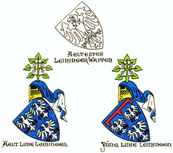 Nahoře původní erb Leiningenů, dole erby starší (vlevo) a mladší (vpravo) rodové linie