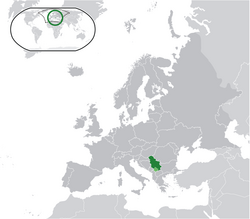 Location of Serbia (green) and the disputed territory of کوزووو (light green) in Europe (dark grey).