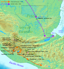 Pedro de Alvarado entrà a Guatemala des de l'oest al llarg de la plana del Pacífic el 1524, però després girar al nord, lliurant-hi una sèrie de batalles per penetrar a les terres altes. A continuació, executa un ample cercle al nord del llac Atitlan, lliurant-hi més batalles, abans de baixar cap al sud, un cop més a les terres baixes del Pacífic. S'hi lliuraren unes altres dues batalles quan les seves tropes es dirigiren cap a l'est en el que avui és El Salvador. El 1525 Hernán Cortés entrà a Guatemala des del nord, travessà el llac Petén Itzá i continuà en direcció sud-est fins a arribar al llac d'Izabal abans de girar cap a l'est fins al Golf d'Hondures.