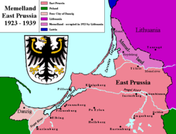 Мемелската област между Литва (в лилаво) и Германия (в розово)