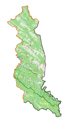 Mapa konturowa powiatu bieszczadzkiego, u góry nieco na lewo znajduje się punkt z opisem „Wojtkowa”