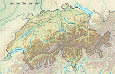 Mapa konturowa Szwajcarii, po lewej nieco na dole znajduje się owalna plamka nieco zaostrzona i wystająca na lewo w swoim dolnym rogu z opisem „Jezioro Genewskie”