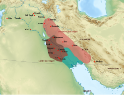 Ozemlje Tretje urske dinastije (rjavo), njenega vplivnega območja (rdeče) in sedaj kopnega dela Perzijskega zaliva (modrozeleno)