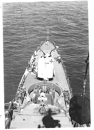 View forward from the mast of Rudderow-class USS Chaffee (DE-230) showing 5in and 40mm guns.