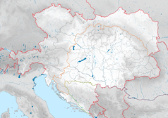 Mapa konturowa Austrii, u góry po prawej znajduje się punkt z opisem „miejsce bitwy”