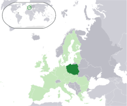  પોલેંડ નું સ્થાન  (dark green) – in Europe  (light green & dark grey) – in the European Union  (light green)  –  [Legend]