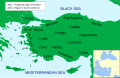 Anatolia regions in 550 BC. Northern Coast: Thrace, Mysia, Bithynia, Paphlagonia and Pontus. Western Coast: Troad, Aeolis, Ionia and Doris. Southern Coast: Lycia, Pamphylia and Cilicia. Center: Lydia, Phrygia, Galatia, Cappadocia, Caria, Pisidia and Lycaonia.