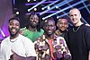 Die Formation Panetoz bei der Pressekonferenz zur zweiten Vorrunde des Melodifestivalen 2023 in Linköping