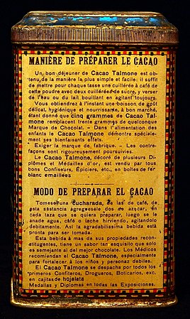 Arrière de la boîte : « Manière de préparer le cacao », en français et en espagnol.