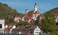 Horb am Neckar, kerk (Stiftskirche) vanaf de brug (Neckarbrücke)