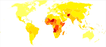 A map of the world with a far bit of dark-red in Africa, orange colors in parts of Asia and South America, and yellow in Europe and North America