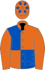 Orange and royal blue quartered, orange sleeves, royal blue diamonds on cap