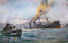 Hundimiento de un barco enemigo por un U-boot alemán en 1917. Además de en la guerra submarina, los buques sumergibles han tenido todo tipo de usos, incluyendo el correo,[21]​ la oceanografía o la exploración polar.[22]​
