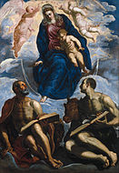 丁托列托的《圣母子、圣马可与圣路加（意大利语：Madonna col Bambino tra i santi Marco e Luca）》，228 × 160cm，约作于1580年，1841年始藏[50]