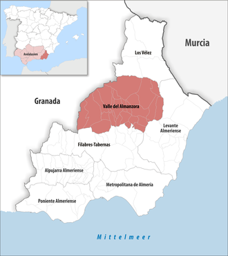 Die Lage der Comarca Valle del Almanzora in der Provinz Almería