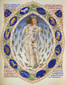 Une planche anatomique enluminée de l’homme, extraite des Très riches heures du duc de Berry, selon la médecine médiévale du XVe siècle associant les parties du corps aux influences des constellations astrales. (définition réelle 1 677 × 2 179*)