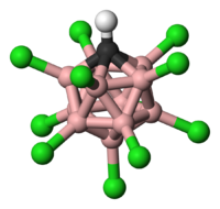 Ball-and-stick model of [CHB11Cl11]−. (Acidic proton not displayed). Colour scheme: هيدروجين − white, كلور − green, بورون − pink, كربون − black.