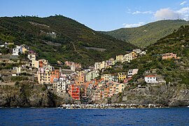 Riomaggiore seen from the sea, Cinque Terre, Italy