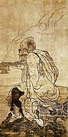 Painting of Ańgaja (Yīnjiētuó zūnzhě), out of a set depicting the sixteen arhats, by Guanxiu.9th - 10th century. China.