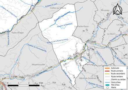 Carte en couleur présentant le réseau hydrographique de la commune