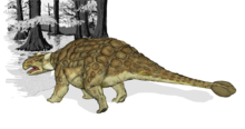 Vista semi-posterior de Ankylosaurus, com a clava da cauda proeminente
