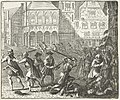 One of the many prints after the lost painting, showing events from 10 May 1535 in Amsterdam - in lower right the mayor Peter Colijn is being killed