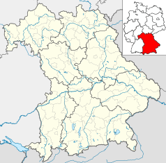 Mapa konturowa Bawarii, po prawej znajduje się punkt z opisem „Landau an der Isar”