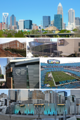 Do topo, em sentido horário: UNC Charlotte, Harvey B. Gantt Center for African-American Arts + Culture, Duke Energy Center, panorama de Charlotte, Primeira Igreja Presbiteriana de Charlotte, Biblioteca de Charlotte e NASCAR Hall of Fame building