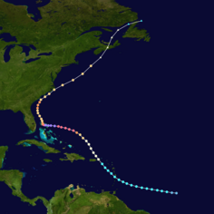 Мапа руху та інтенсивності урагану Доріан за шкалою Саффіра-Сімпсона.