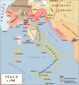 Italia en 1700, antes de la guerra de sucesión española