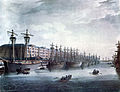 Image 48Sailing ships at West India Docks on the Isle of Dogs in 1810. The docks opened in 1802 and closed in 1980 and have since been redeveloped as the Canary Wharf development.