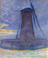 Windmill near Domburg label QS:Len,"Windmill near Domburg" label QS:Lnl,"Molen bij Domburg\pl=Wiatrak w okolicach Domburga" 1908. oil on cardboard medium QS:P186,Q296955;P186,Q389782,P518,Q861259 . 76.5 × 63.5 cm (30.1 × 25 in). The Hague, Gemeentemuseum Den Haag.