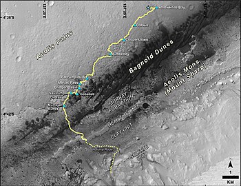 תיאור מסלולו של קיוריוסיטי במהלך שהותו על מאדים מאז שעזב את אזור הנחיתה בין השנים 2013–2016