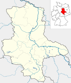 Mapa konturowa Saksonii-Anhaltu, po lewej znajduje się punkt z opisem „Halberstadt”