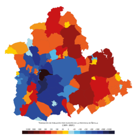 Crecimiento de la población de los municipios de Sevilla entre 2011 y 2021