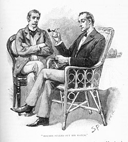 Le docteur Watson et Sherlock Holmes, illustration de Sidney Paget pour la nouvelle L'Interprète grec (The Strand Magazine, septembre 1893).