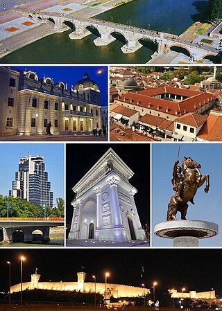 From top to bottom, left to right: Stone Bridge Macedonian National Theatre • Suli An in the Old Bazaar MRT Center • Porta Macedonia • Warrior on a Horse statue Skopje Fortress