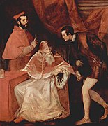 Retrato del papa Paulo III con sus nipoti ("sobrinos") Alessandro y Ottavio Farnese, de Tiziano, 1546. La palabra nepote se convirtió en un término político: nepotismo.