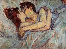Uma pintura de duas mulheres, uma de cabelo lonogo e outra de cabelo curto em uma cama enorme se beijando
