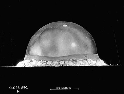 The Trinity explosion, 25 ms after detonation. The viewed fireball hemisphere's highest point in this image is about 200 metres (660 ft) high.