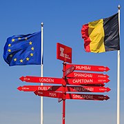 Zeebrugge Belgium Signpost-with-EU-Flag-and-Belgium-Flag-01.jpg