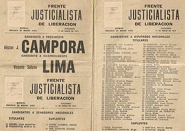 Boleta electoral Cámpora-Lima.