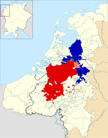 Carte du duché de Brabant en jaune clair, avec des zones rouges et bleu