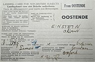 Albert Einstein's landing card (26 May 1933), when he landed in Dover (United Kingdom) from Ostend (Belgium) to visit Oxford.