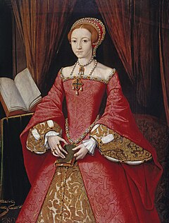 Peinture à l'huile d'Elizabeth I, dans une tenue rouge, lui donnant une silhouette en double cône de l'époque : le buste montre un V prononcé, formé sous la robe