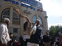Un home juedu hasidic bufant un xofar de cudú Uman, Ucraïna, 2010