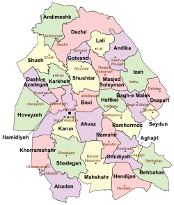 Location of Bavi County in Khuzestan province (center, pink)