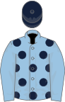 Light blue, dark blue spots on body, dark blue cap